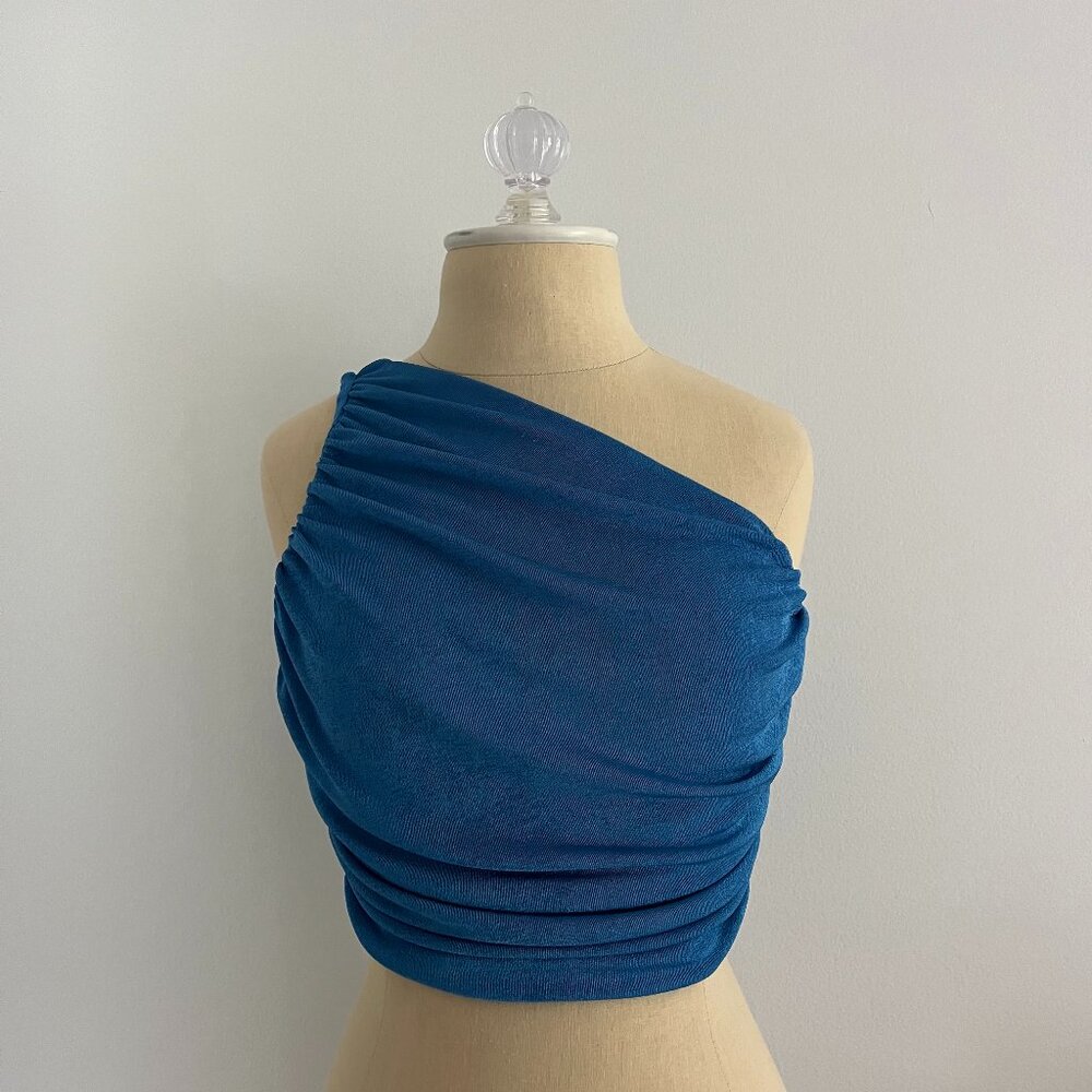 Blue scrunch one shoulder tank top